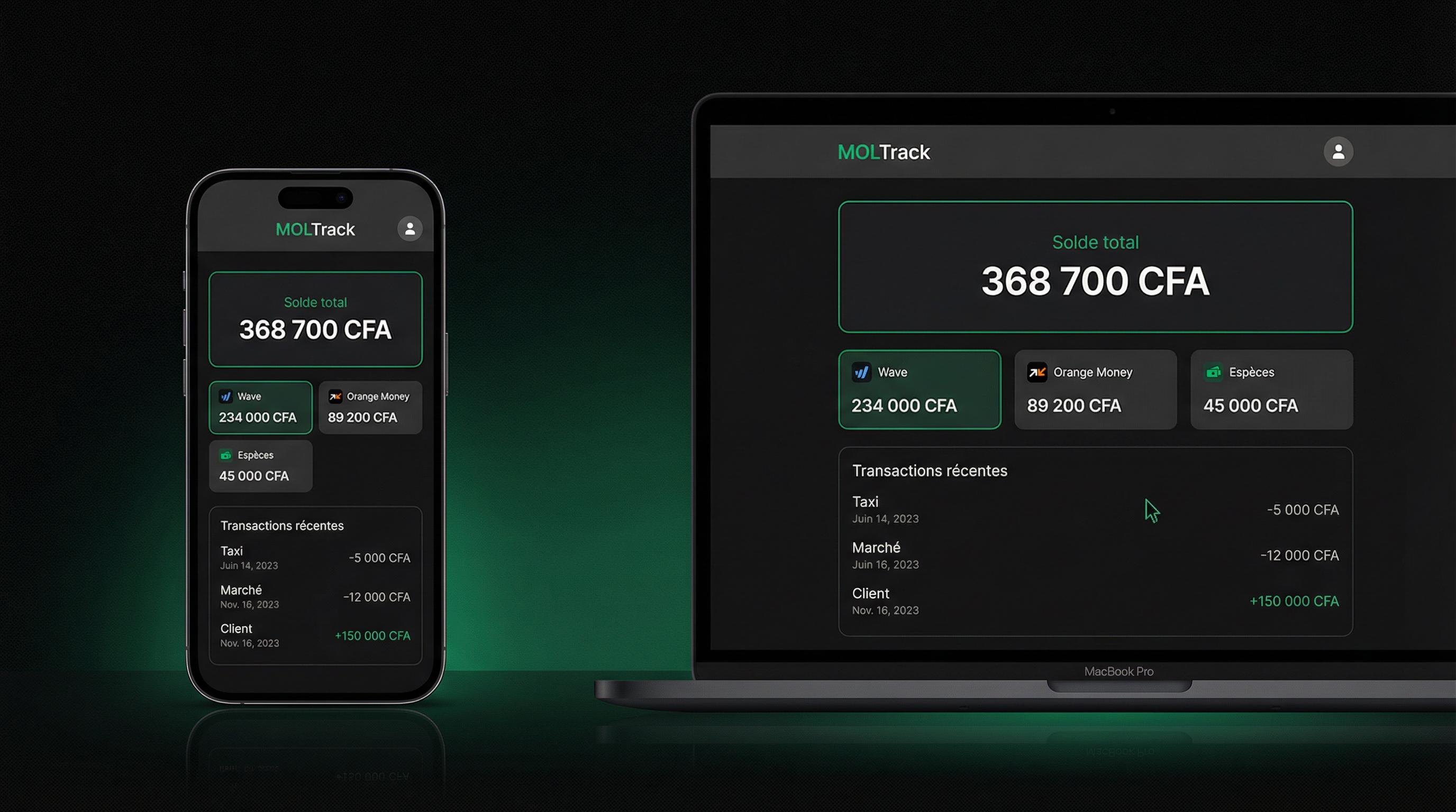 MOLTrack sur iPhone et PC — même tableau de bord en CFA